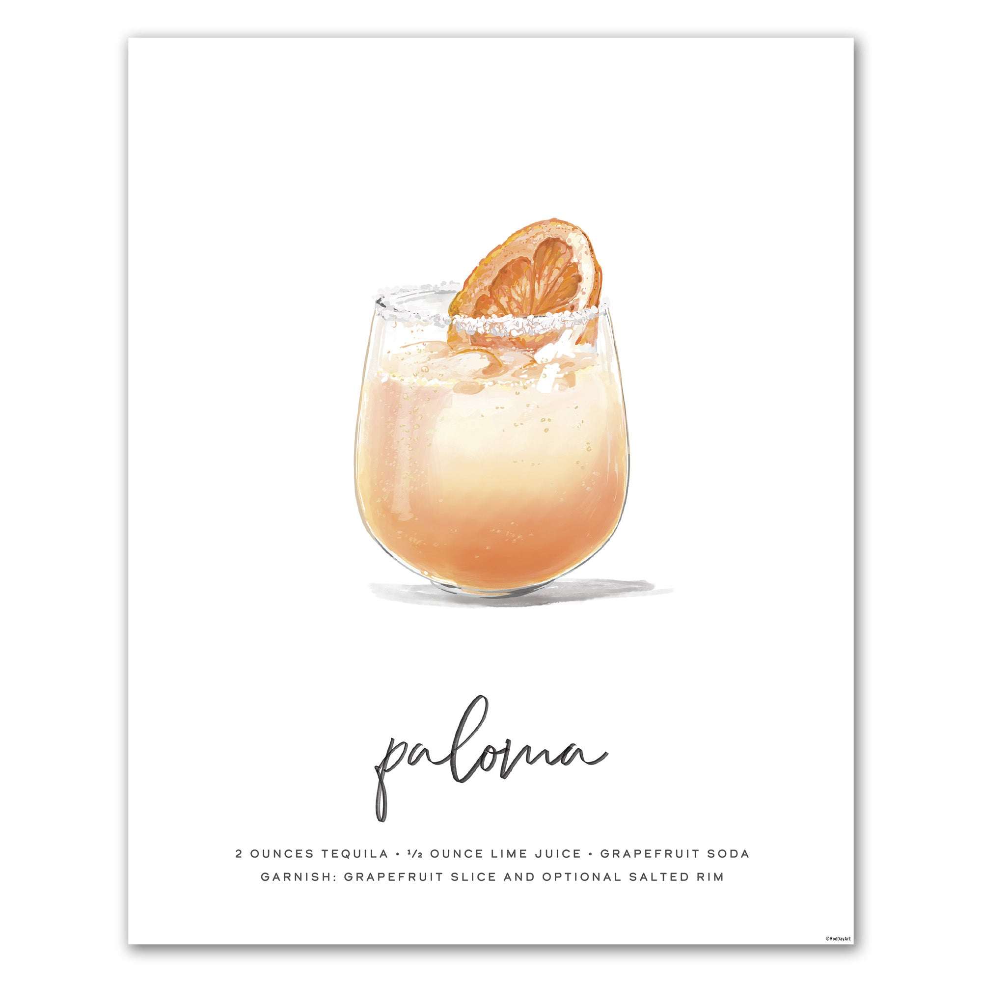 Paloma recipe cocktail art featuring cocktail glass with a paloma garnished with a grapefruit slice on a white background