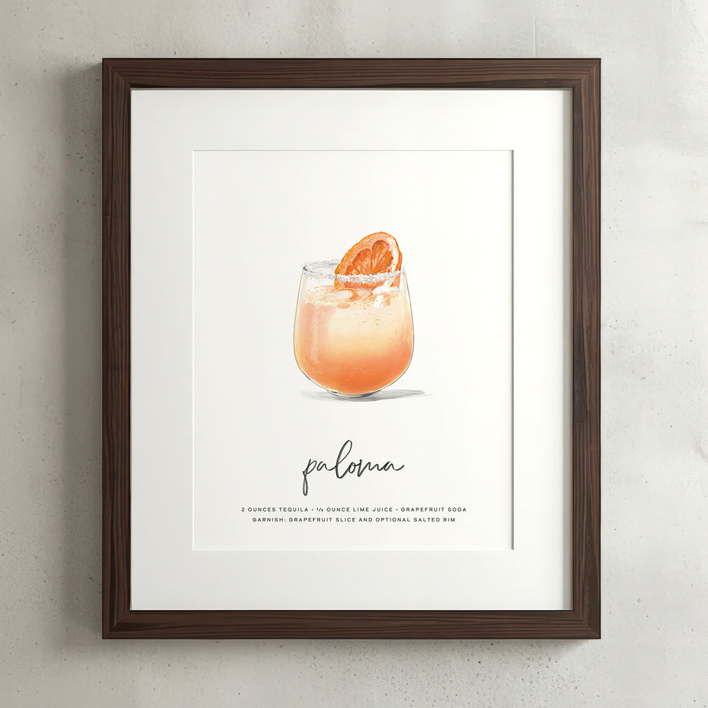 Paloma cocktail wall art poster in a walnut frame, hand-drawn recipe illustration, 8x10 print