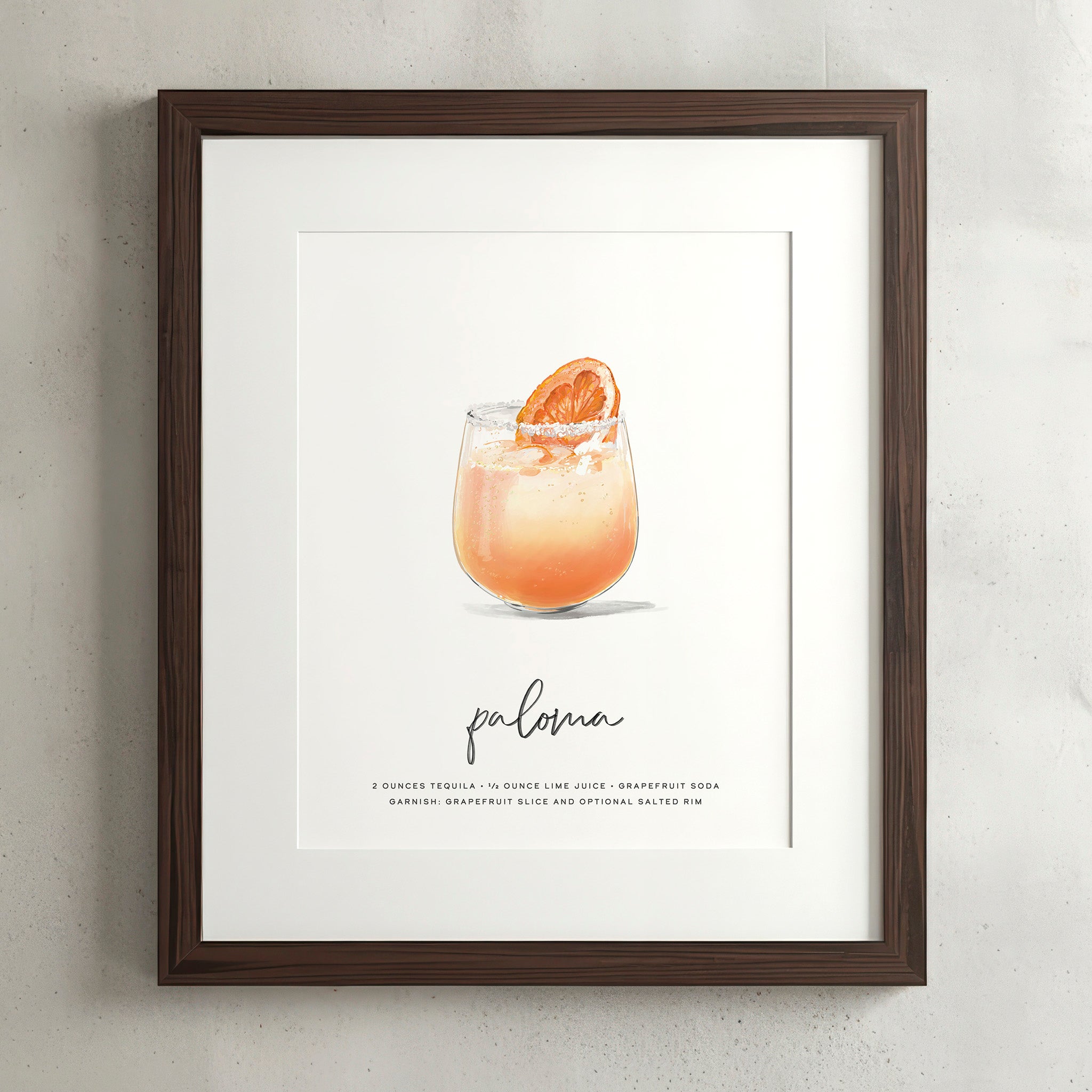 Paloma cocktail wall art poster in a walnut frame, hand-drawn recipe illustration, 8x10 print
