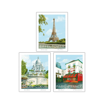 3 Piece Paris Wall Art 8x10 set featuring the Eiffel Tower, Sacré-Cœur, and Le Consulat Café in elegant hand-drawn style, perfect for Parisian-inspired decor.