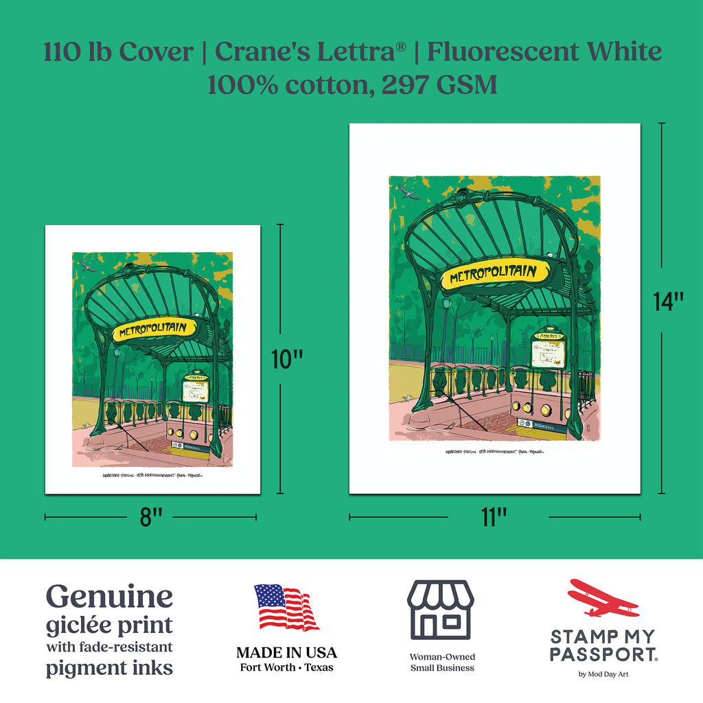A product information graphic for a cotton art print. The print shows a stylized illustration of vintage 'METROPOLITAN' street cars under a green arched pavilion.