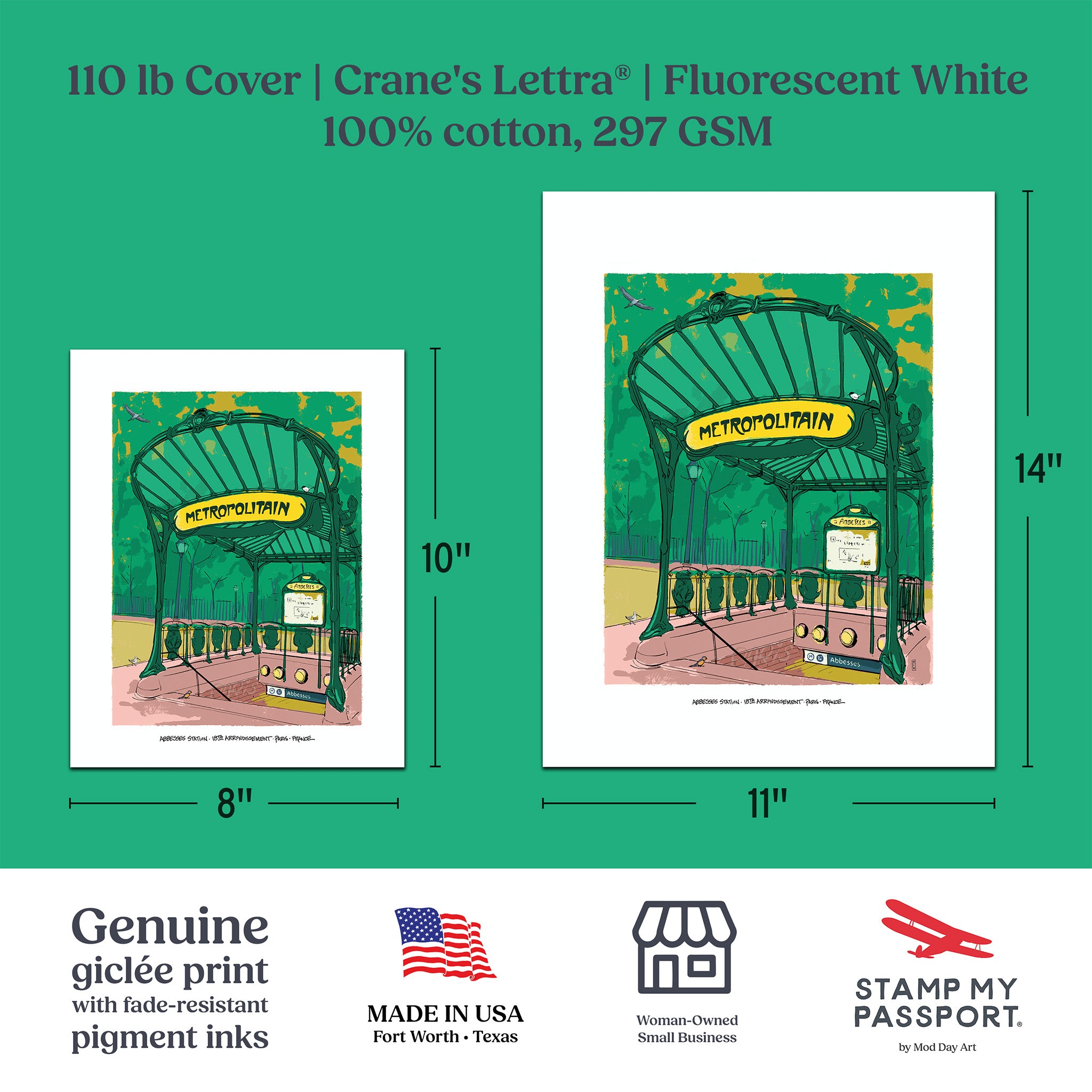 A product information graphic for a cotton art print. The print shows a stylized illustration of vintage 'METROPOLITAN' street cars under a green arched pavilion.