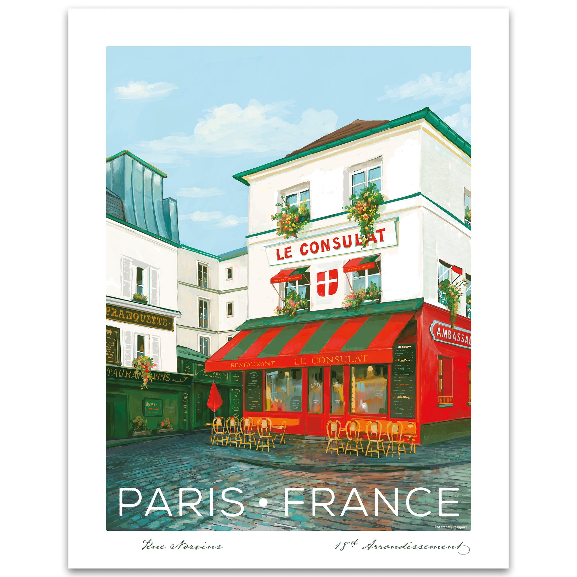 Le Consulat Paris Wall Art featuring a hand-drawn design of the iconic café, ideal for bringing a touch of Parisian elegance to your space.