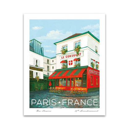 Le Consulat Paris Wall Art featuring a charming hand-drawn illustration of the iconic café, perfect for adding a touch of Parisian style to any space.