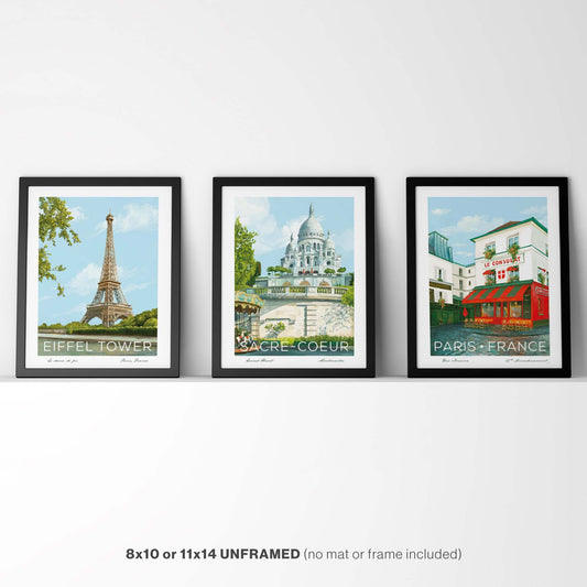 3 Piece Paris Wall Art set showcasing the Eiffel Tower, Sacré-Cœur, and Le Consulat Café in a hand-drawn style, displayed in black frames (frames not included)