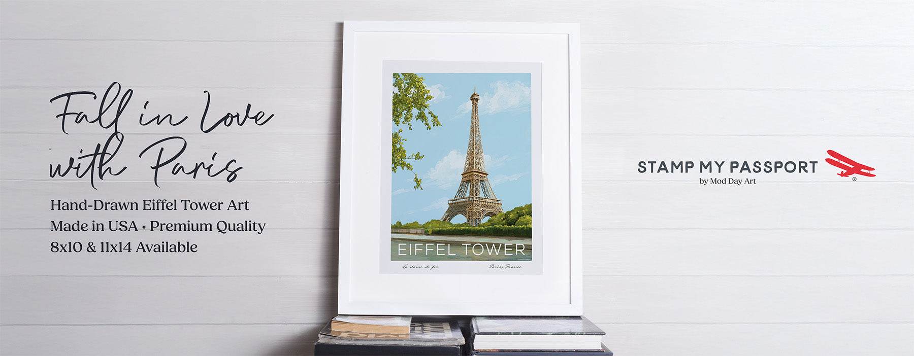 Paris Eiffel Tower wall art print by Mod Day Art - hand-drawn vintage travel poster style painting, made in USA, available in 8x10 and 11x14 sizes, unframed home decor.