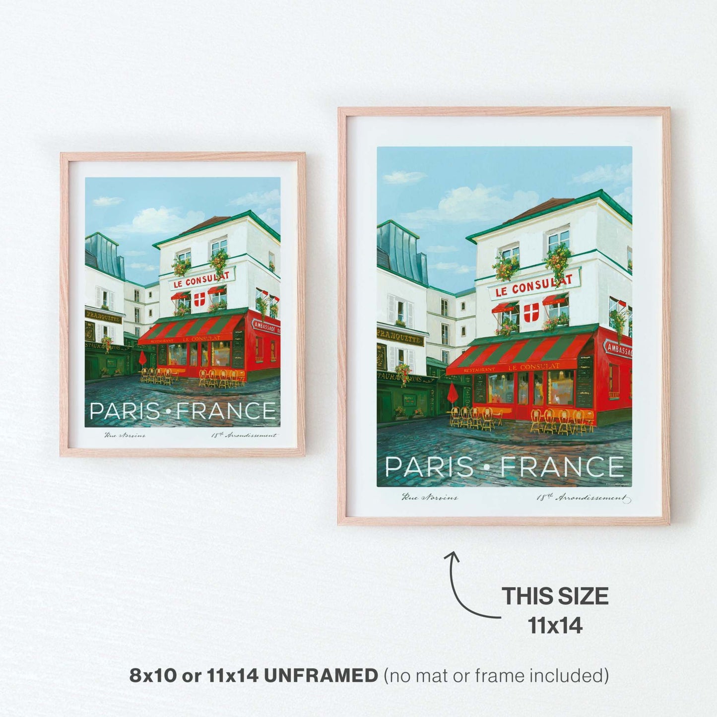 Le Consulat Paris Wall Art size comparison showcasing the 11x14 inch print alongside the smaller 8x10 inch option for reference.