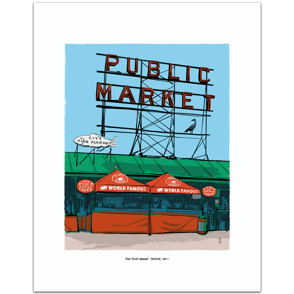 A hand-illustrated art print of the Pike Place Market sign in Seattle, featuring the red neon Public Market sign and market tents below, framed by a white border.
