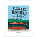 A hand-illustrated art print of the Pike Place Market sign in Seattle, featuring the red neon Public Market sign and market tents below, framed by a white border.