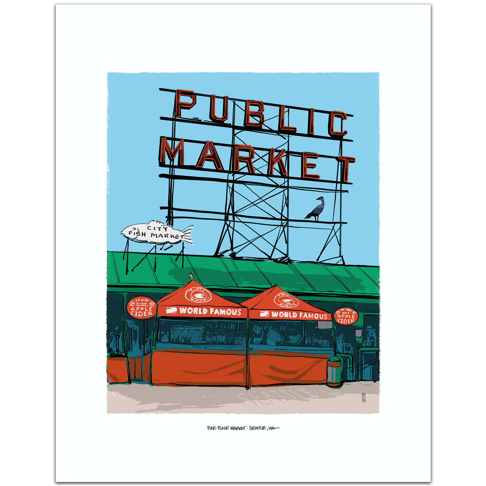 A hand-illustrated art print of the Pike Place Market sign in Seattle, featuring the red neon Public Market sign and market tents below, framed by a white border.