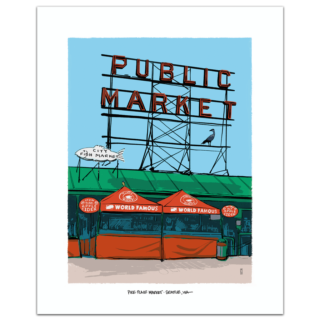 A hand-illustrated art print of the Pike Place Market sign in Seattle, featuring the red neon Public Market sign and market tents below, framed by a white border.