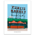 A hand-illustrated art print of the Pike Place Market sign in Seattle, featuring the red neon Public Market sign and market tents below, framed by a white border.