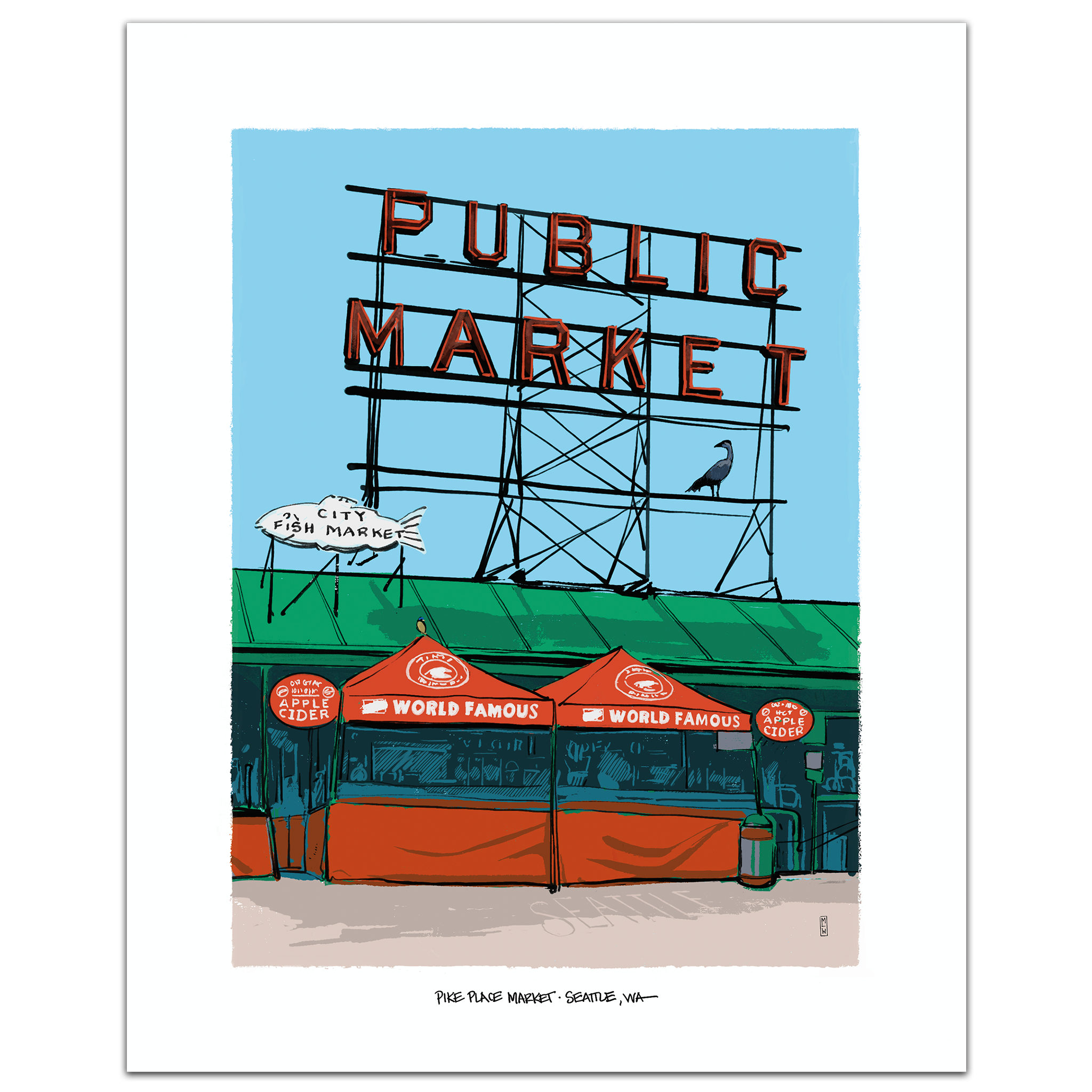 A hand-illustrated art print of the Pike Place Market sign in Seattle, featuring the red neon Public Market sign and market tents below, framed by a white border.
