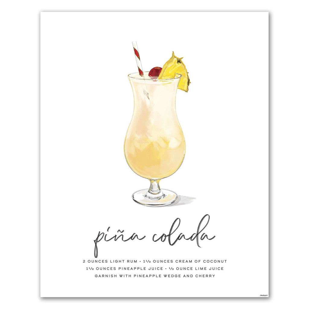 Pina Colada recipe cocktail art featuring an Illustration of a piána colada cocktail with ingredients listed on a white background