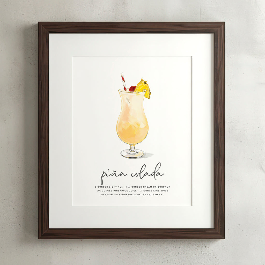 Piña Colada cocktail wall art poster in a walnut frame, hand-drawn recipe illustration, 8x10 print