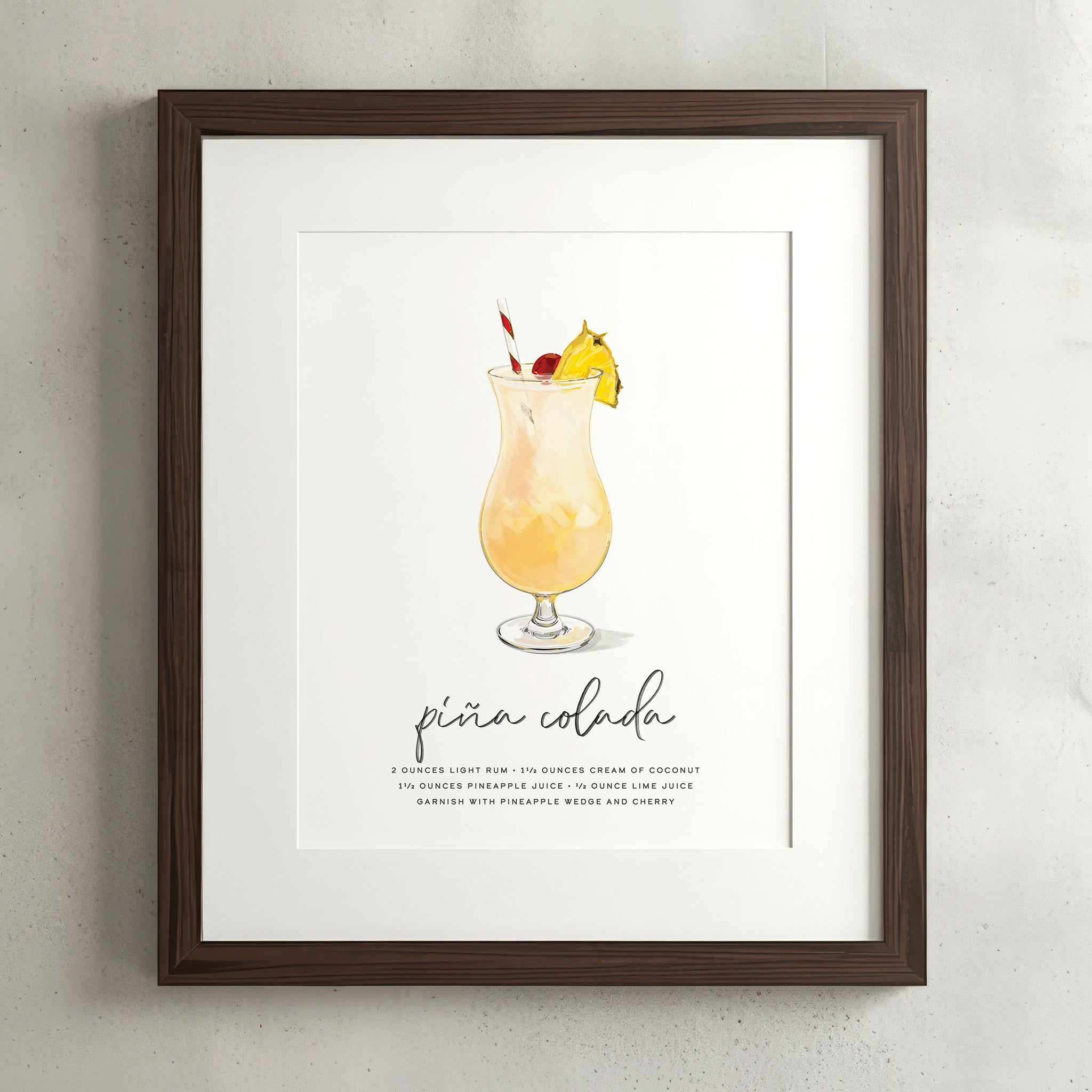 Piña Colada cocktail wall art poster in a walnut frame, hand-drawn recipe illustration, 8x10 print