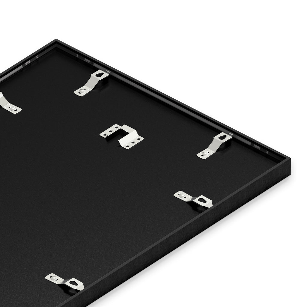 Back of the black Premium Metal Picture Frame showing the sawtooth hangers and turnbuttons.