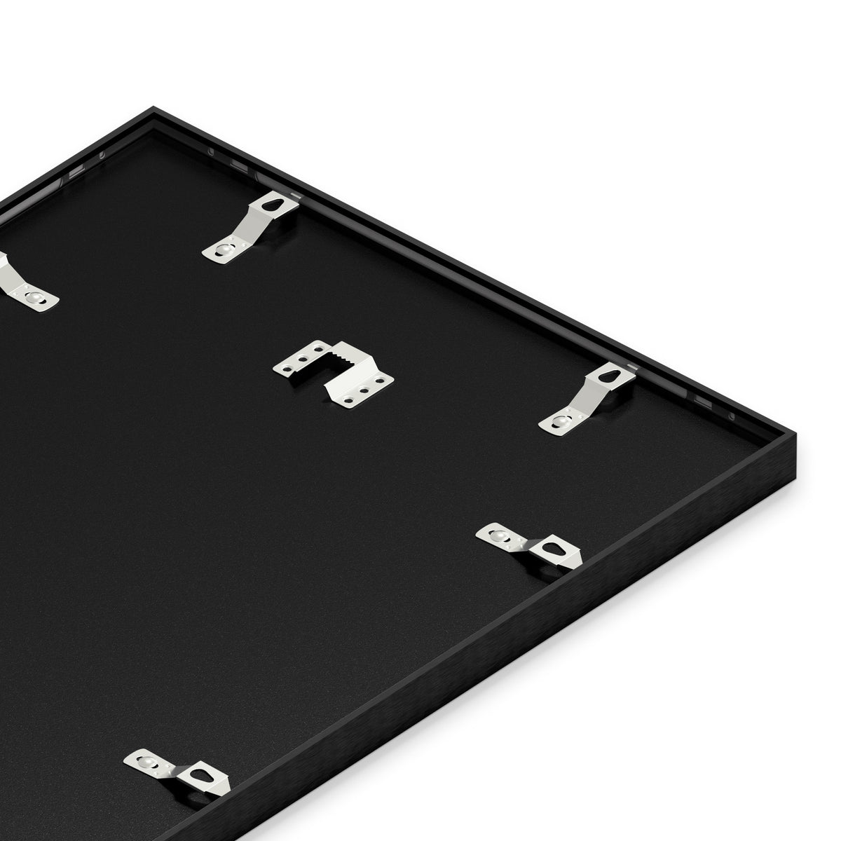 Back of the black Premium Metal Picture Frame showing the sawtooth hangers and turnbuttons.