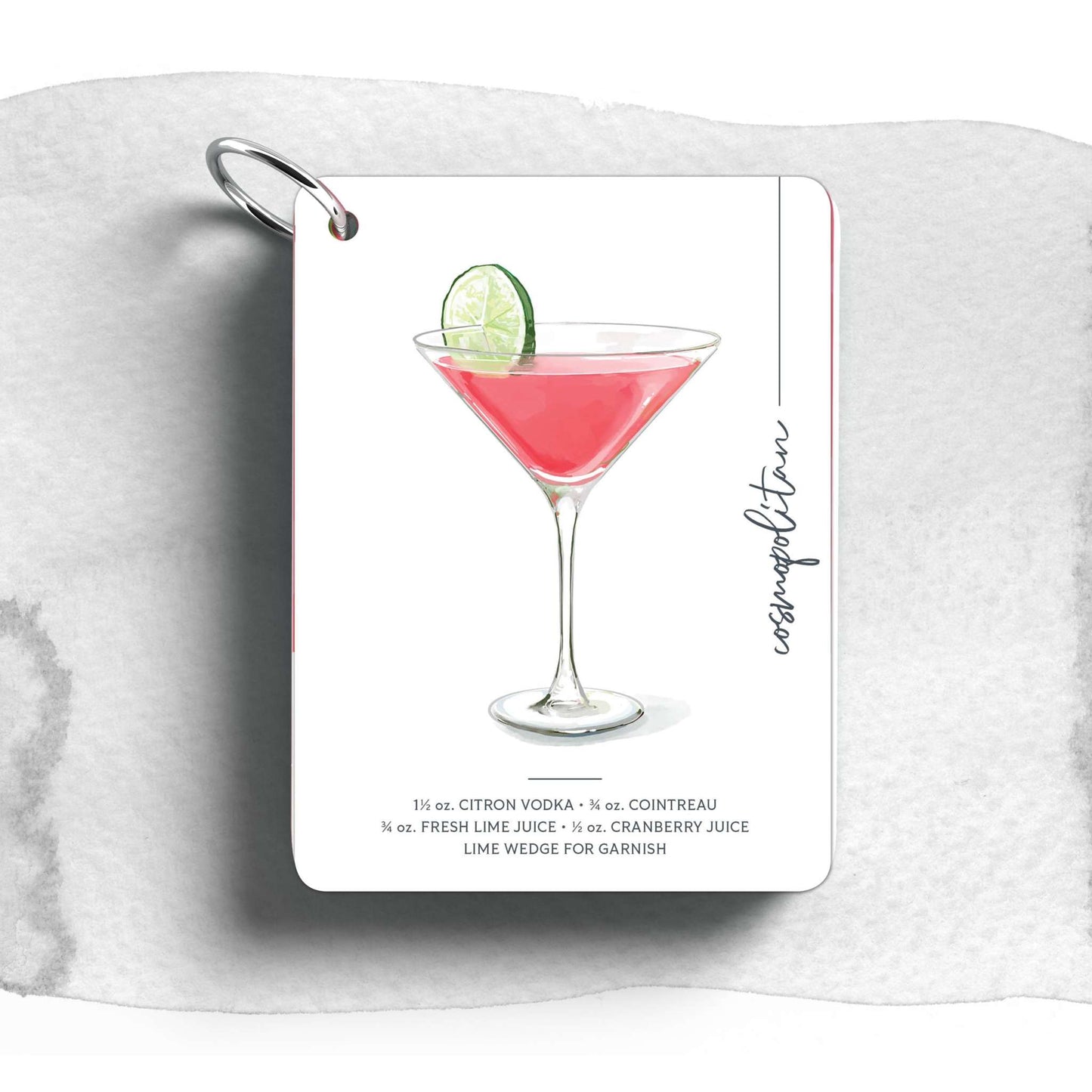 Product image of Illustrated cocktail cards Mixology book showing Cosmopoliaton cocktail art with ingredients
