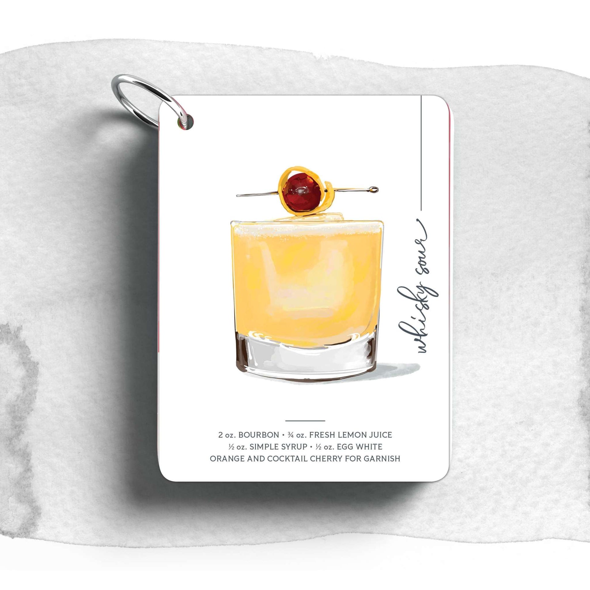 Product image of Cocktail Book Cards Mixology Flashcards showing Whisky Sour cocktail art with ingredients