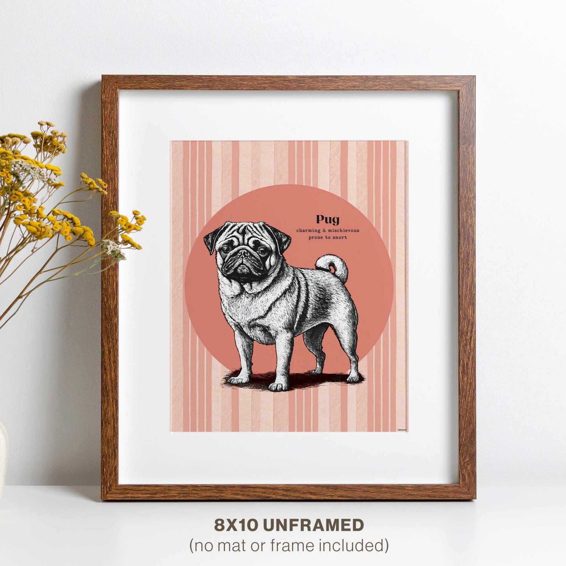 Pug wall art in a wooden frame displayed in a cozy living space, complementing the decor with its playful design and quirky charm