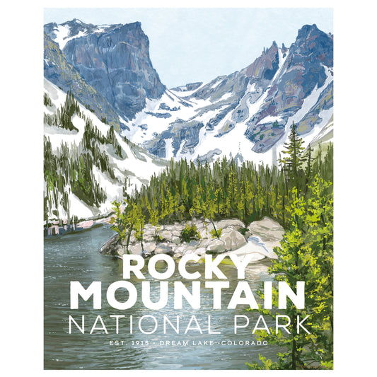 Vintage Rocky Mountain National Park poster featuring Hallett Peak and Flattop Mountain reflected in Dream Lake.