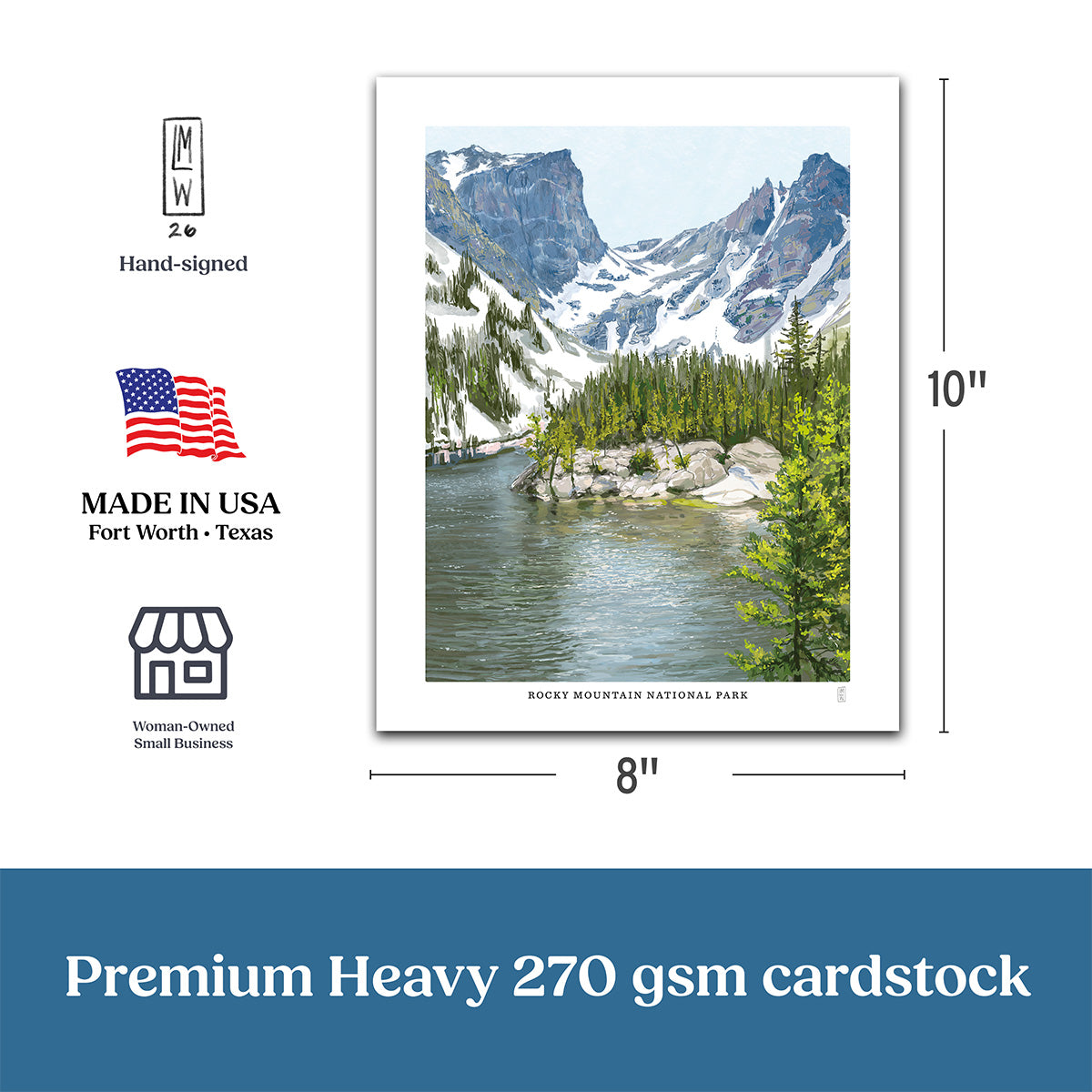Poster of Rocky Mountain National Park with dimensions and certification logos on a white background