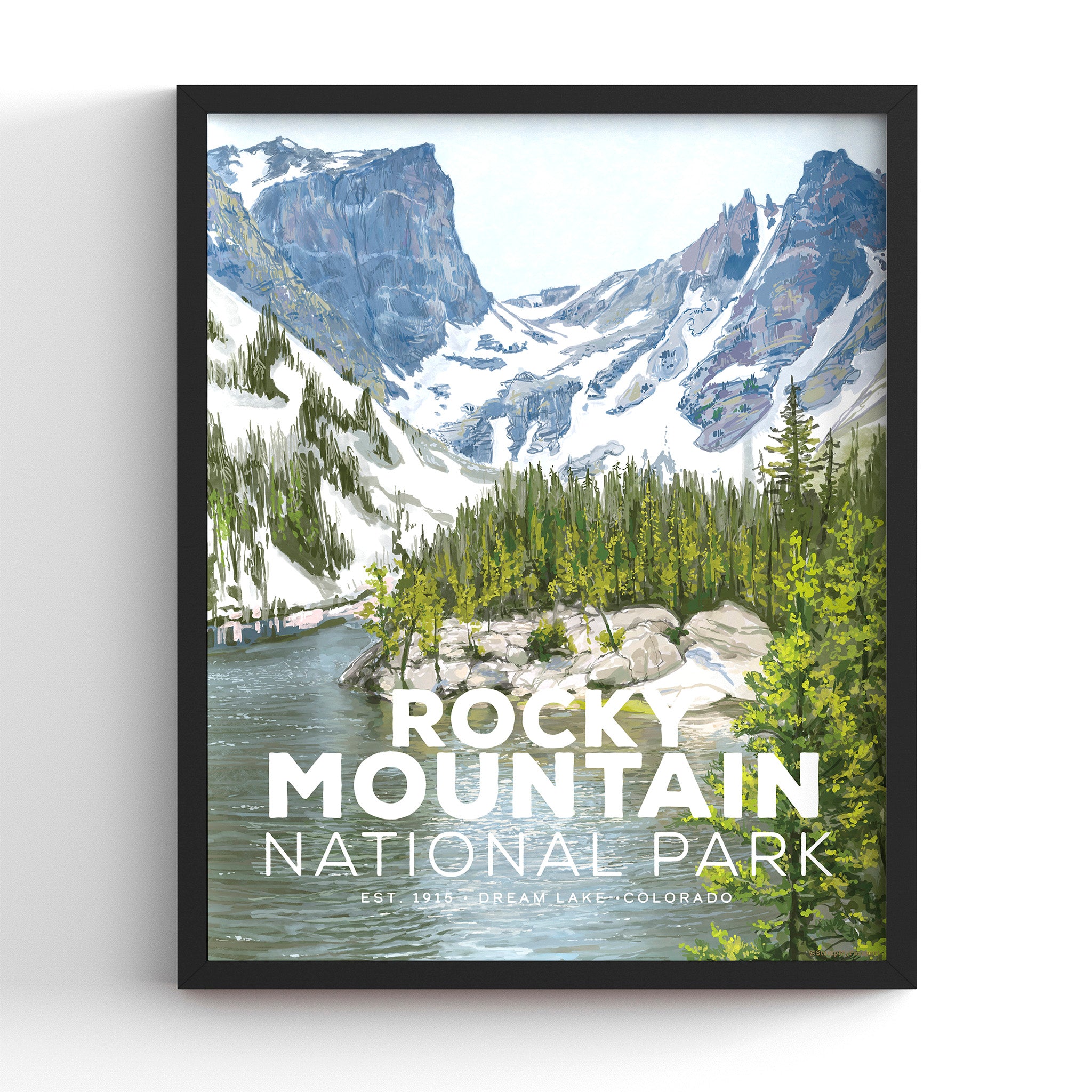 Rocky Mountain National Park poster in a black frame, hand-illustrated WPA-style travel print, 8x10