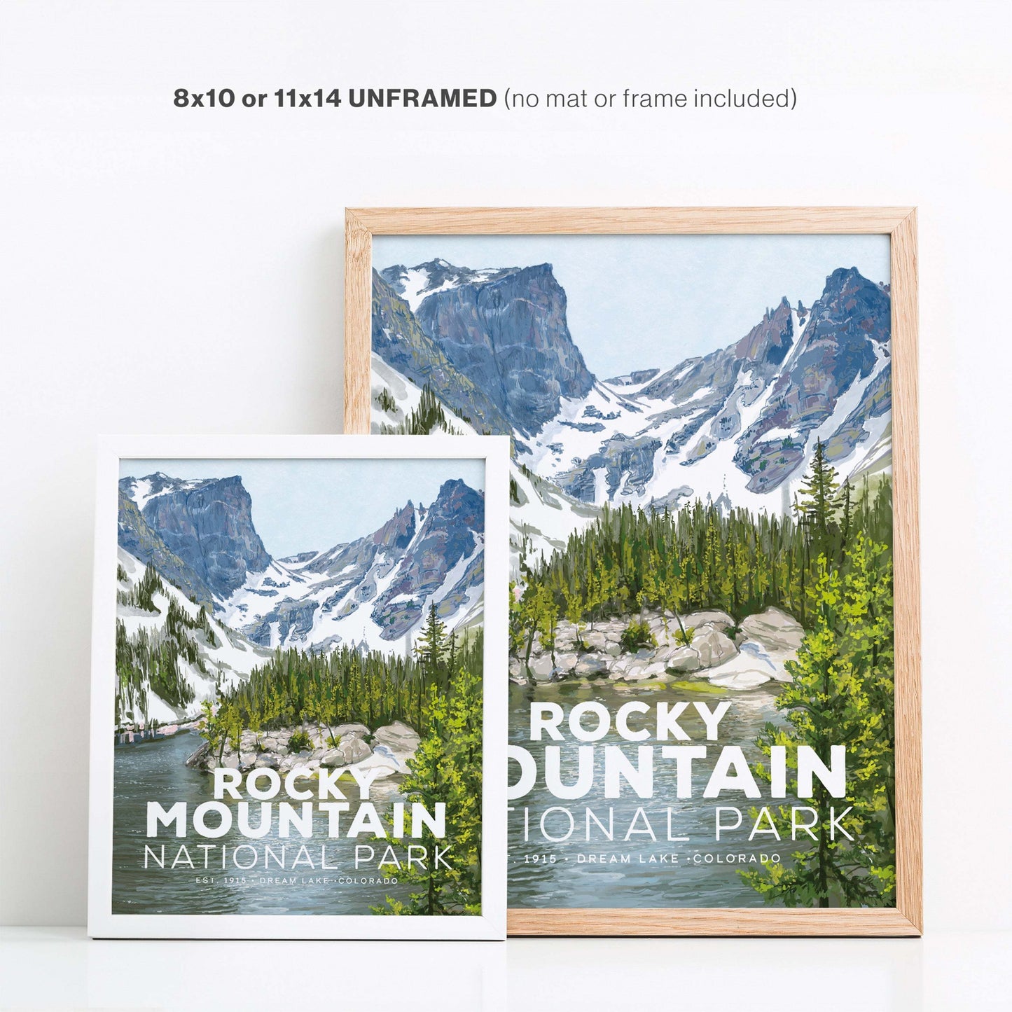 Rocky Mountain National Park poster featuring Hallett Peak and Flattop Mountain reflected in Dream Lake, unframed print on premium heavy cardstock.
