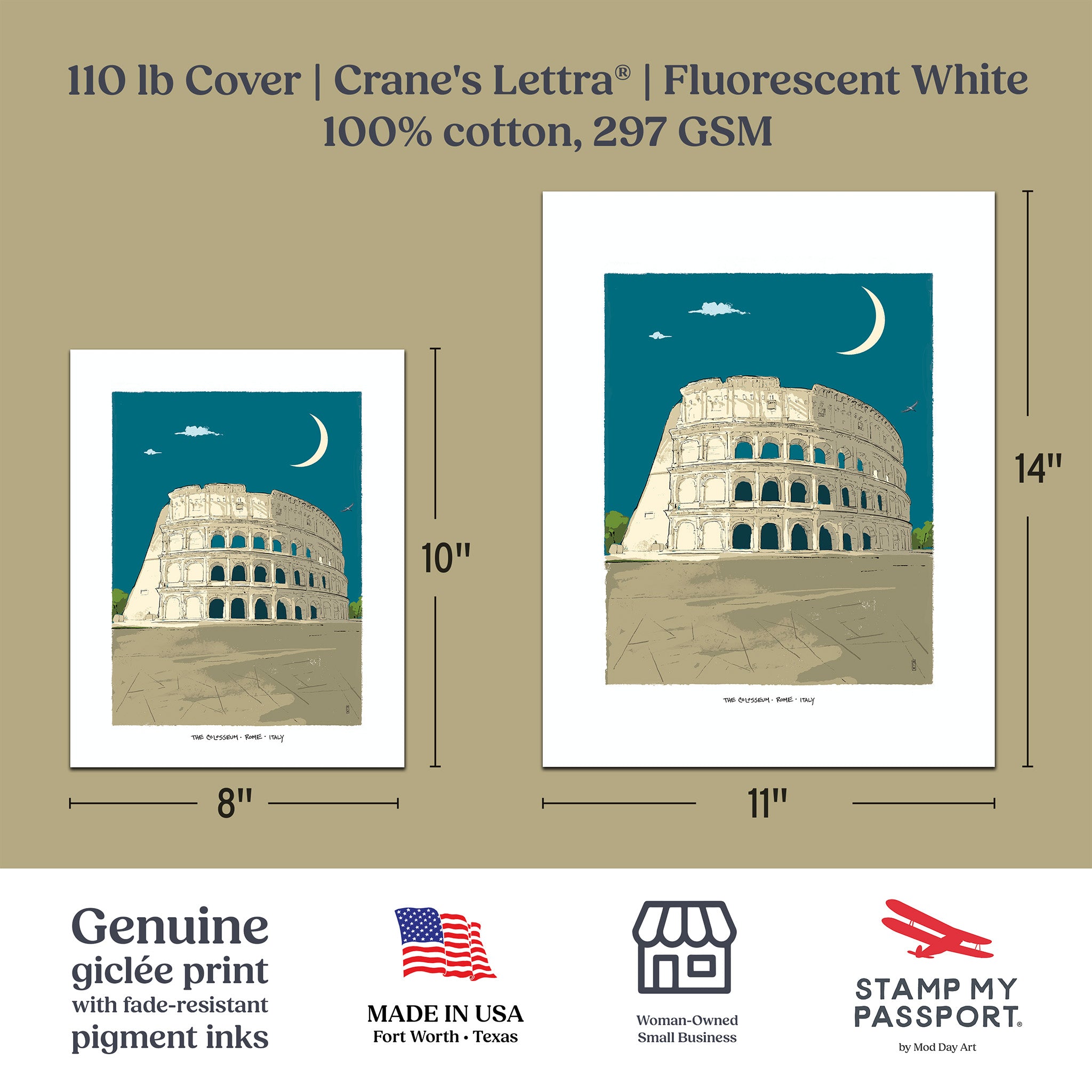 A product information graphic for a Crane's Lettra art print showing the Colosseum in Rome. The graphic displays two print sizes with dimension lines and labels: 8x10 inches and 11x14 inches.