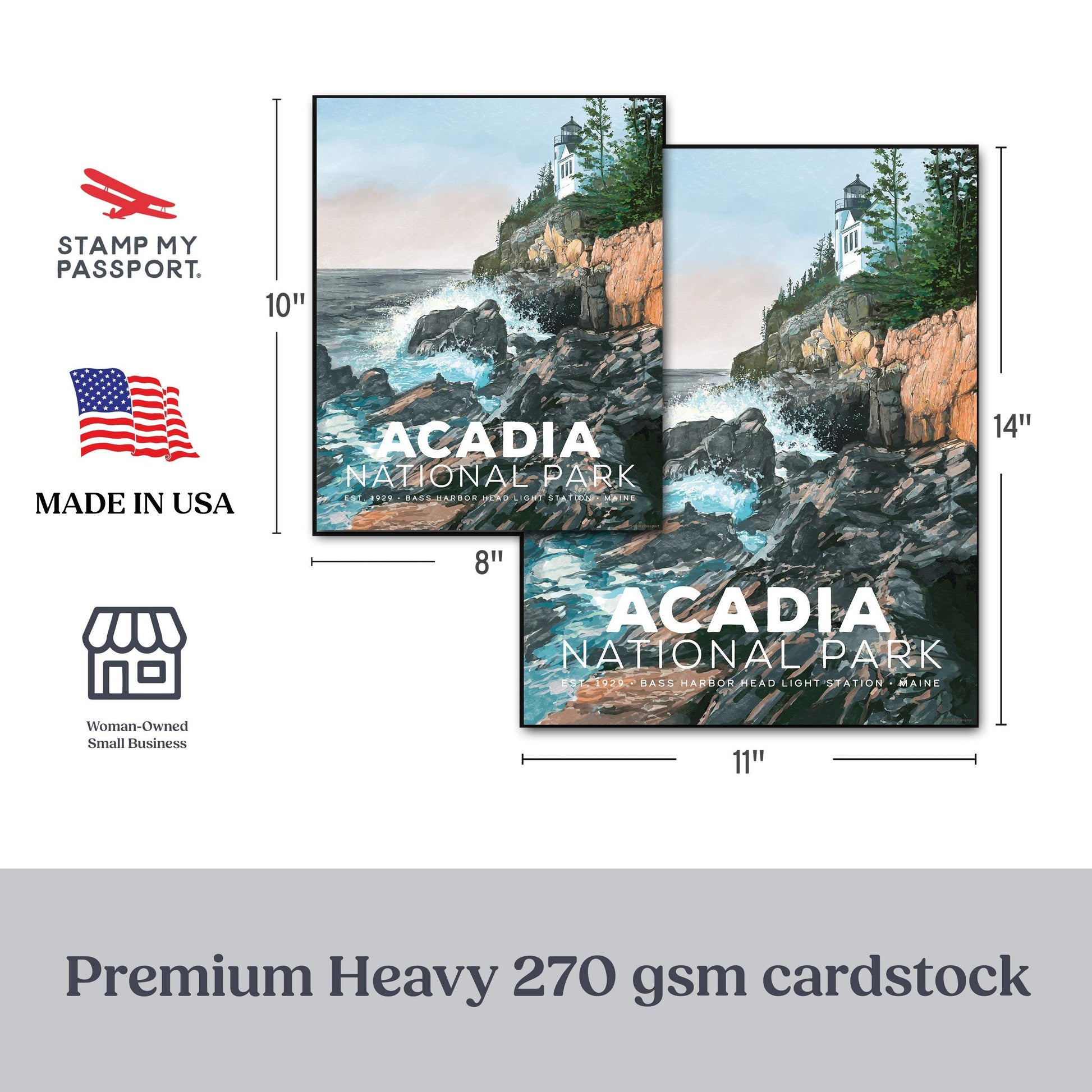 Acadia National Park poster featuring Bass Harbor and coastal cliffs, available in 8x10 and 11x14 sizes, vintage style.