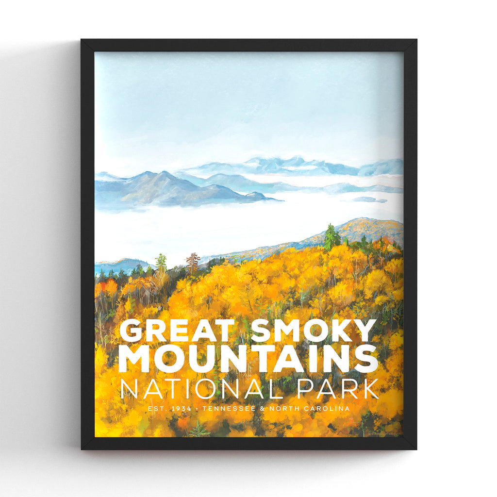 Great Smoky Mountains National Park poster with a scenic mountain view in a black frame, hand-illustrated vintage travel print, 8x10