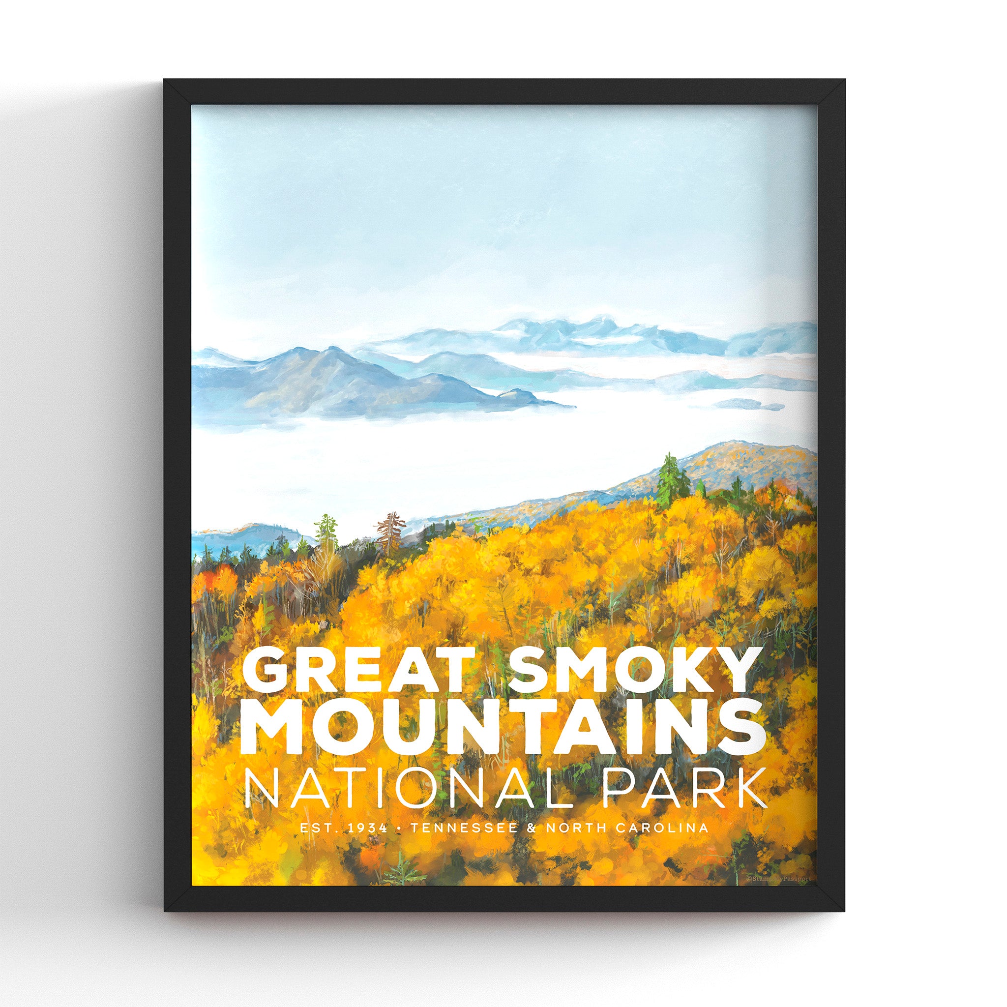 Great Smoky Mountains National Park poster with a scenic mountain view in a black frame, hand-illustrated vintage travel print, 8x10