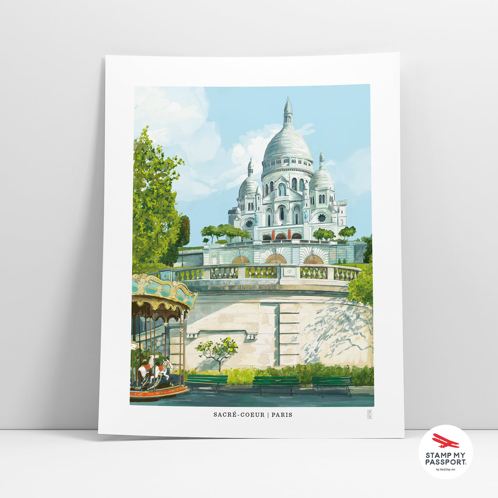 Paris decor artwork of the Sacré-Cœur Basilica in Paris with a carousel and trees.