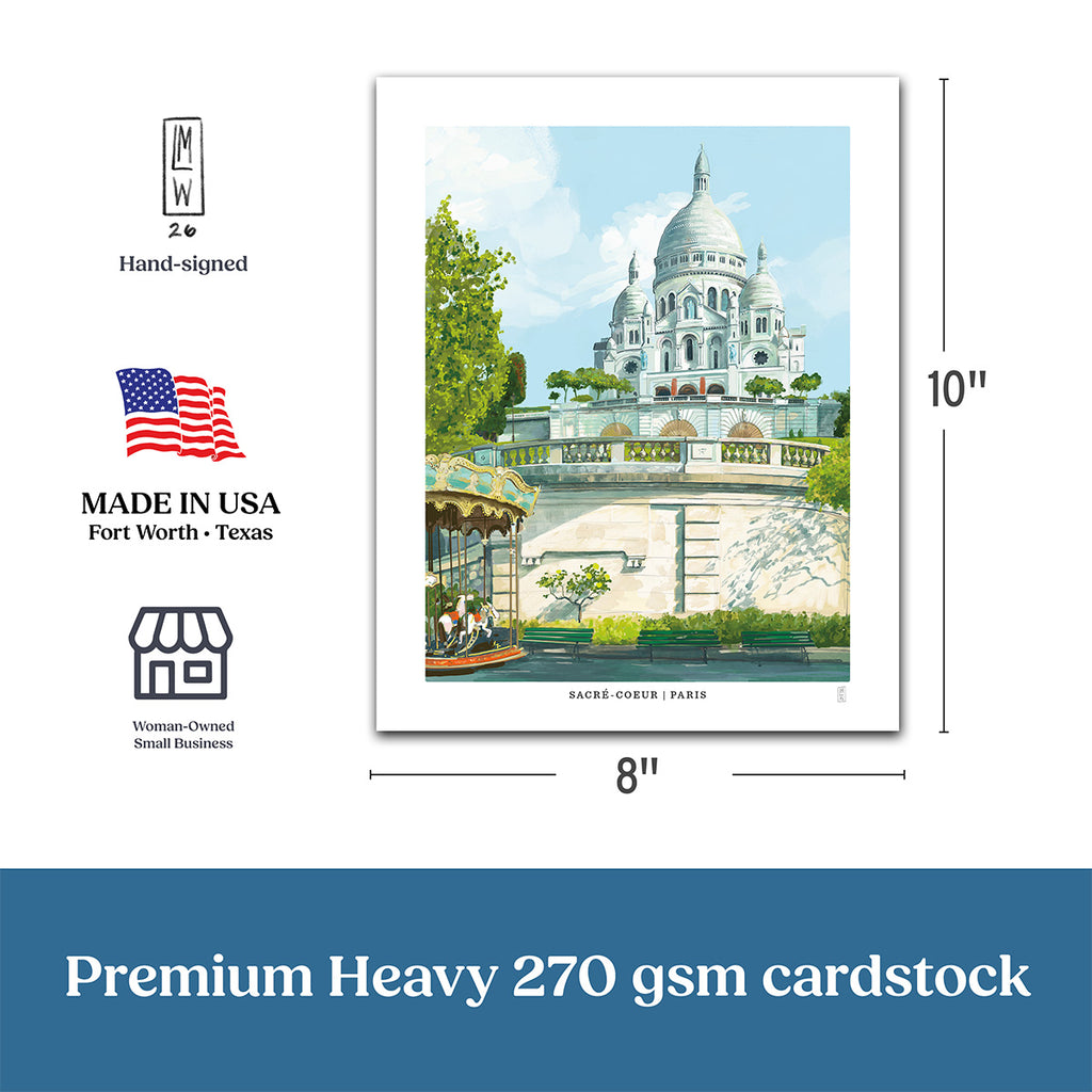 Paris Poster of a Sacre Coeur with dimensions and certification logos on a white background