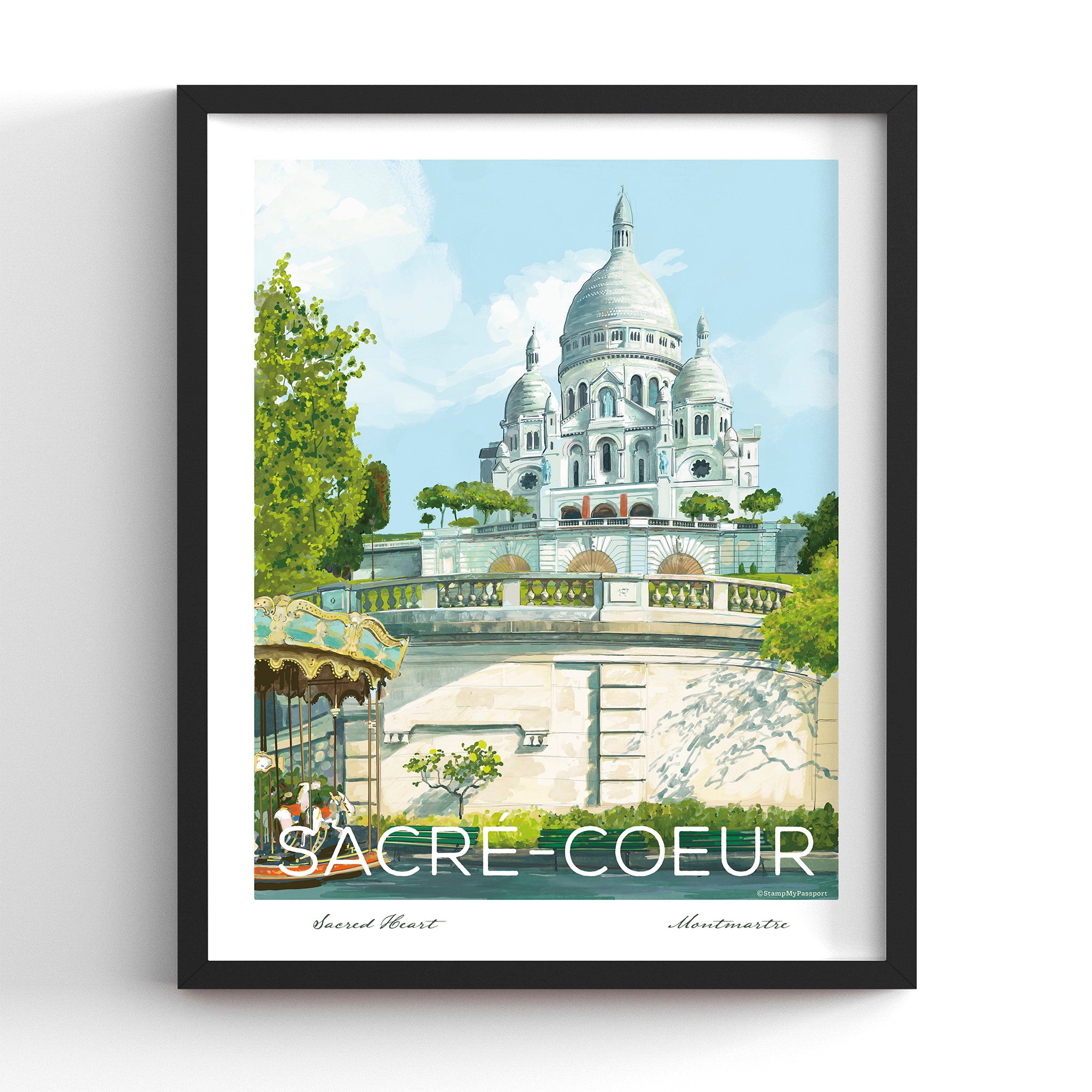 Sacré-Coeur Paris art print in a black frame (frame not included), hand-illustrated travel wall art, 8x10