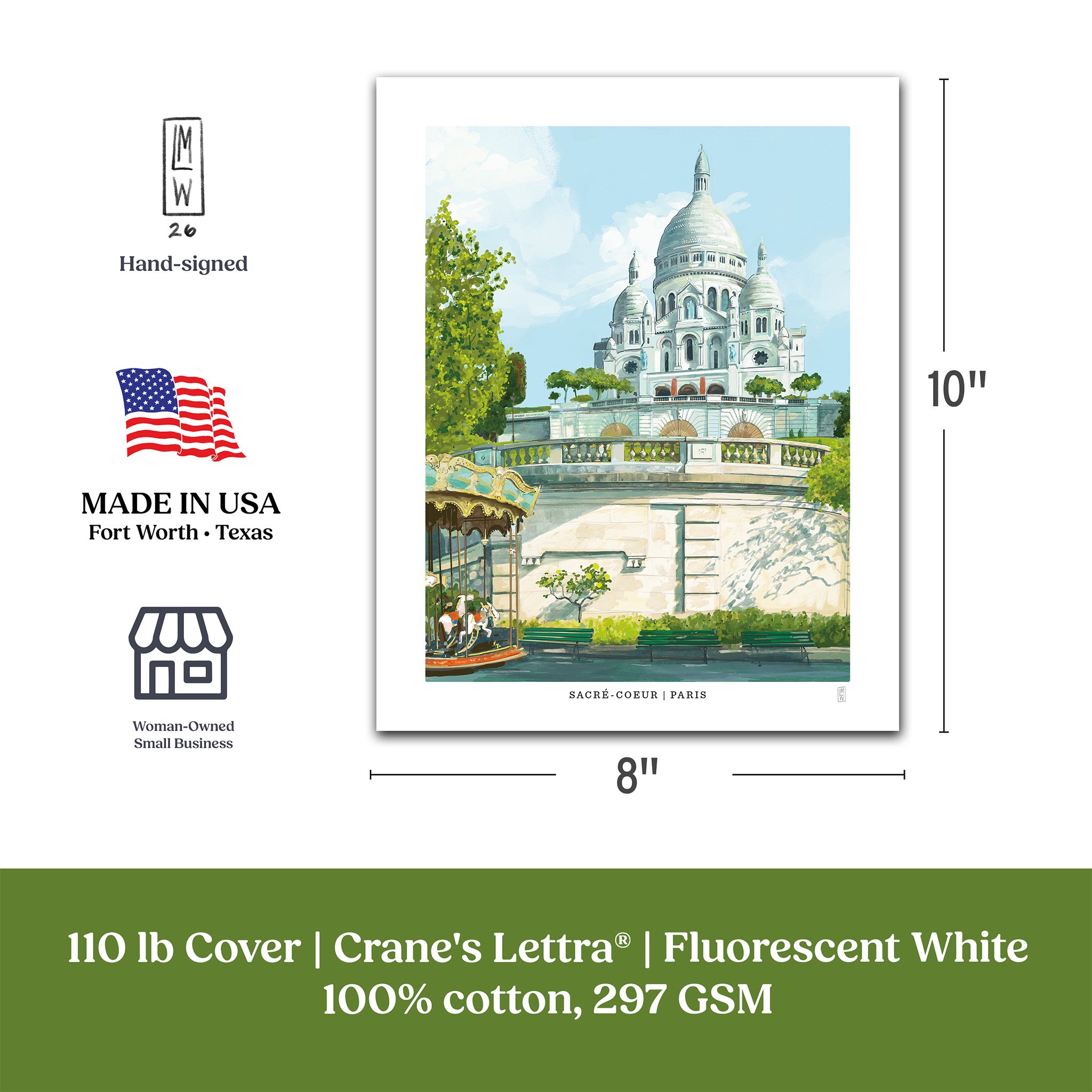 A product information graphic for a Crane's Lettra cotton art print showing the Sacré-Coeur Basilica in Paris. The graphic displays two print sizes with dimension lines and labels: 8x10 inches and 11x14 inches.