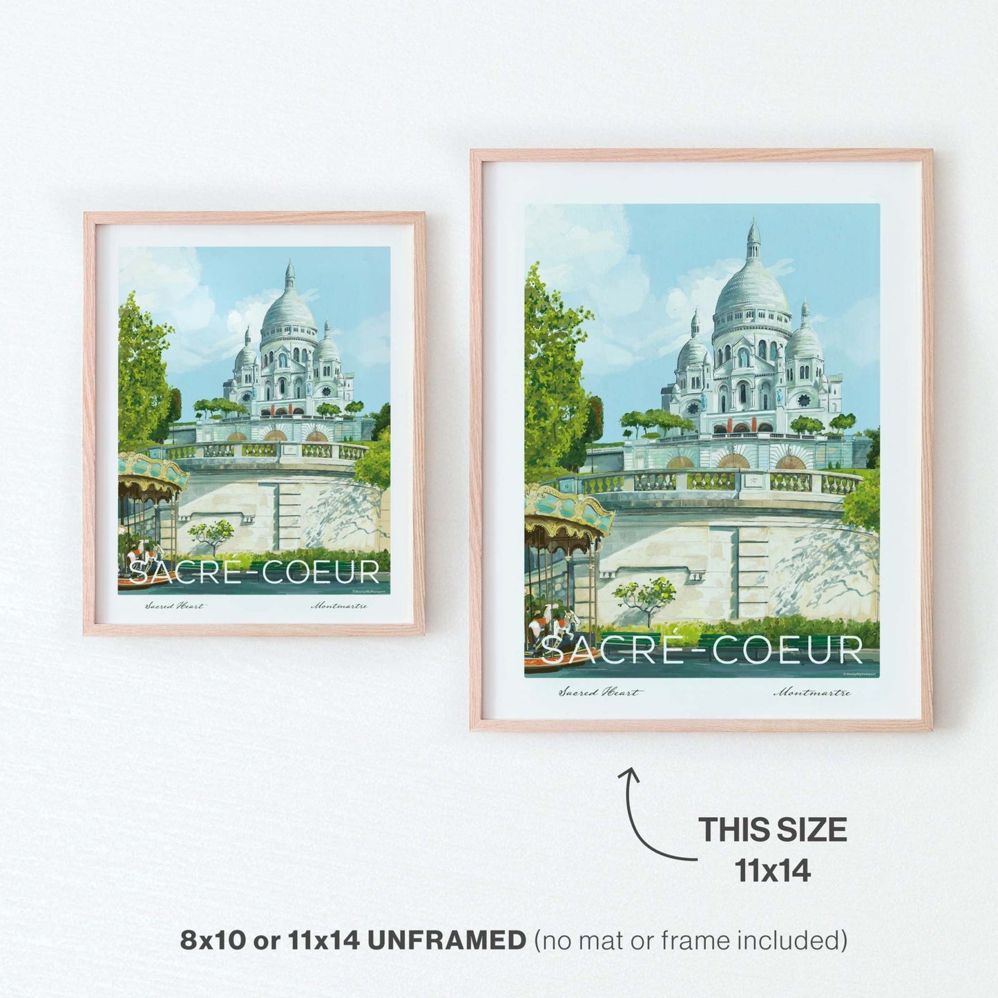 Sacre Couer Paris art print of Montmartre, available in 8x10 or 11x14 inches, unframed.