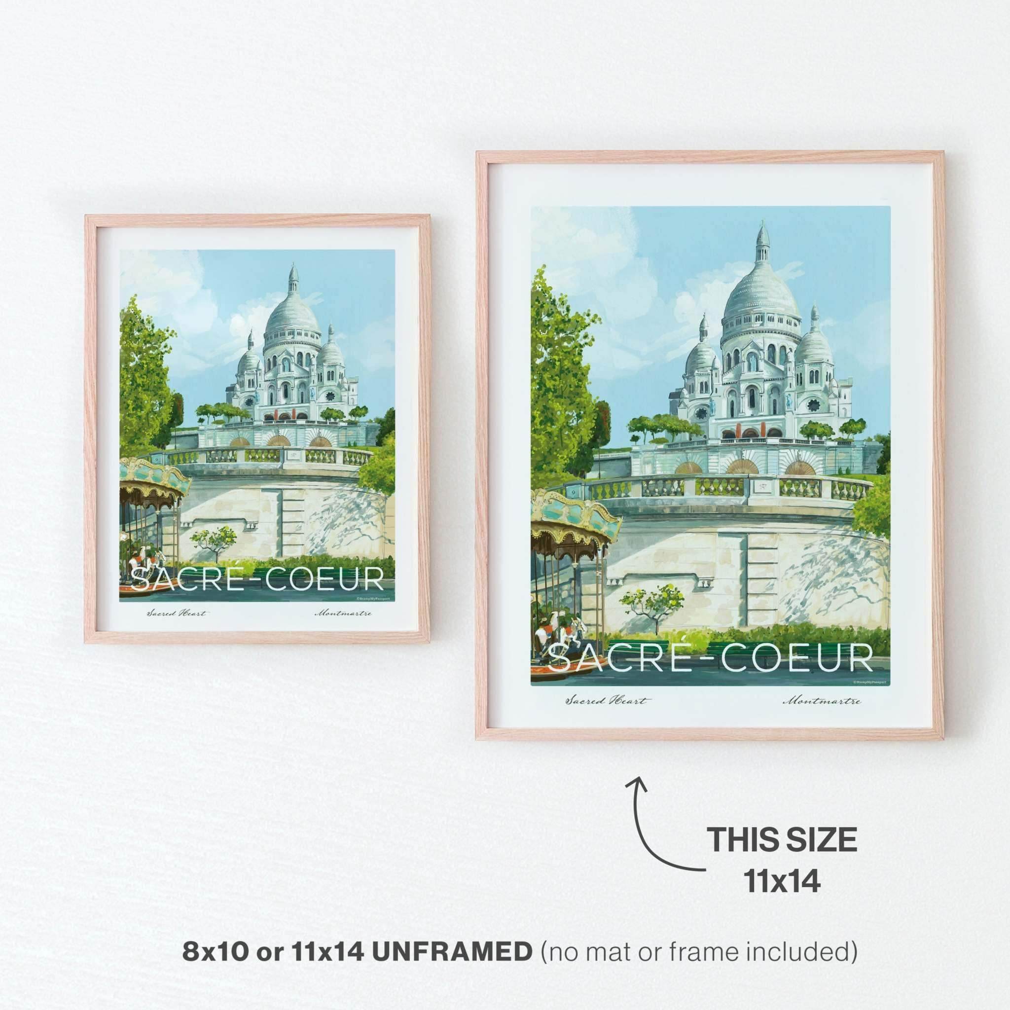 Sacre Couer Paris art print of Montmartre, available in 8x10 or 11x14 inches, unframed.