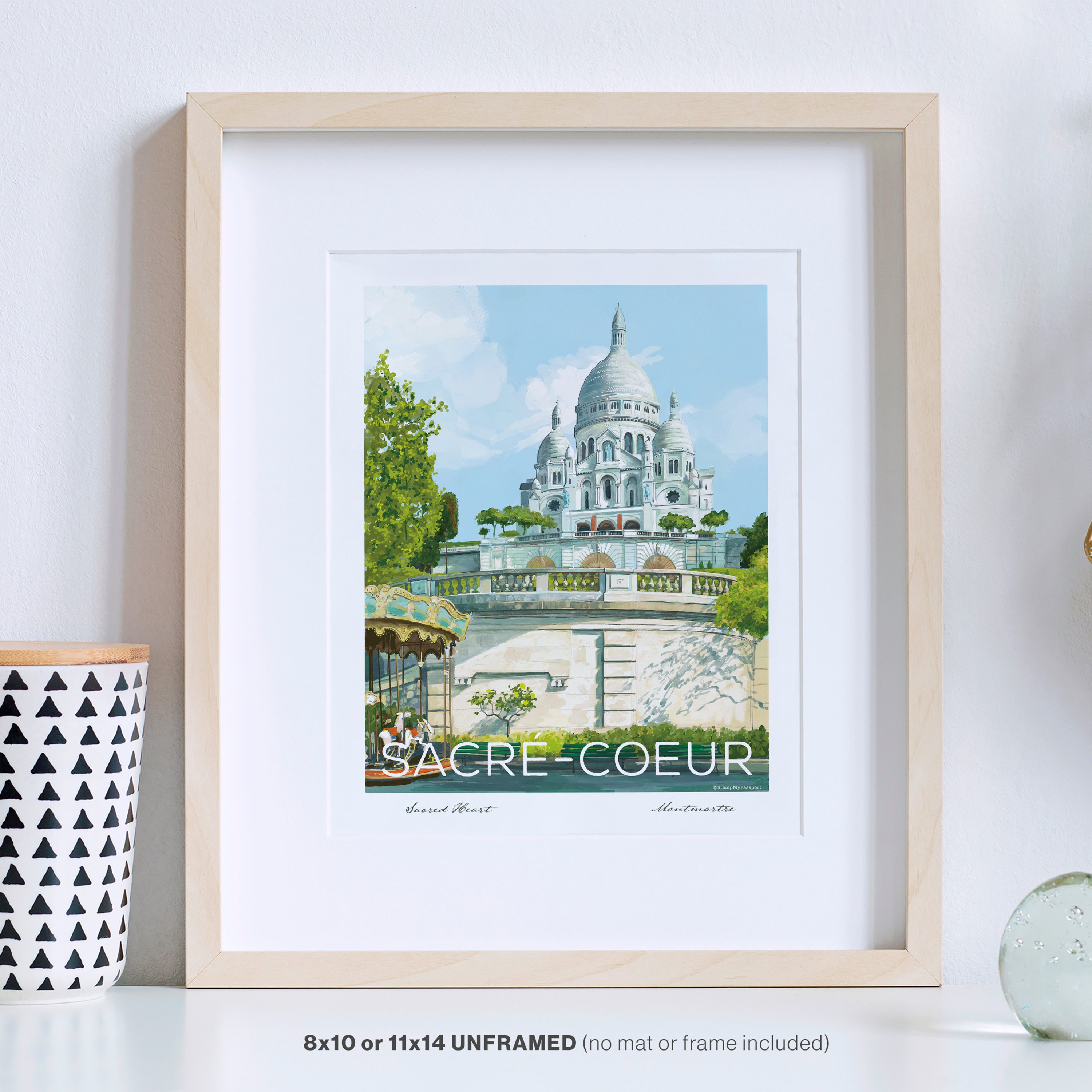 Sacré-Coeur Paris art print in a black frame, styled on a shelf beside a vase, home decor display idea