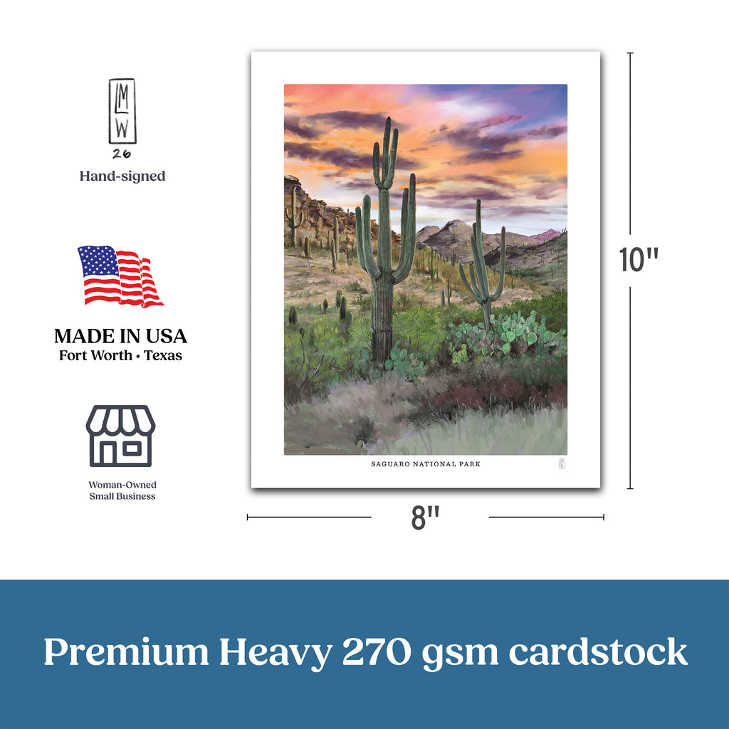 Hand-signed Poster of Saguaro National Park with cacti, dimensions, and certification logos on a white background.