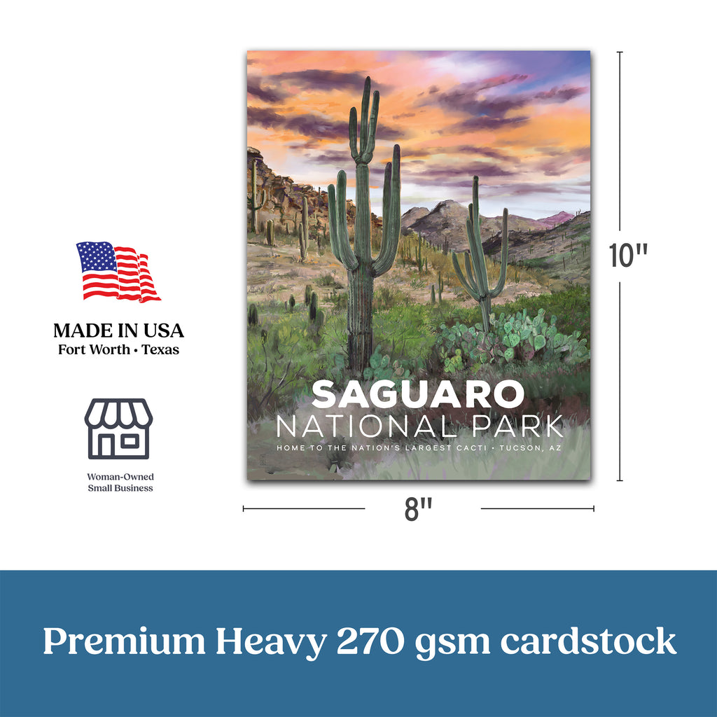 Saguaro National Park cardstock with cacti and desert landscape, dimensions, and 'Made in USA' label.