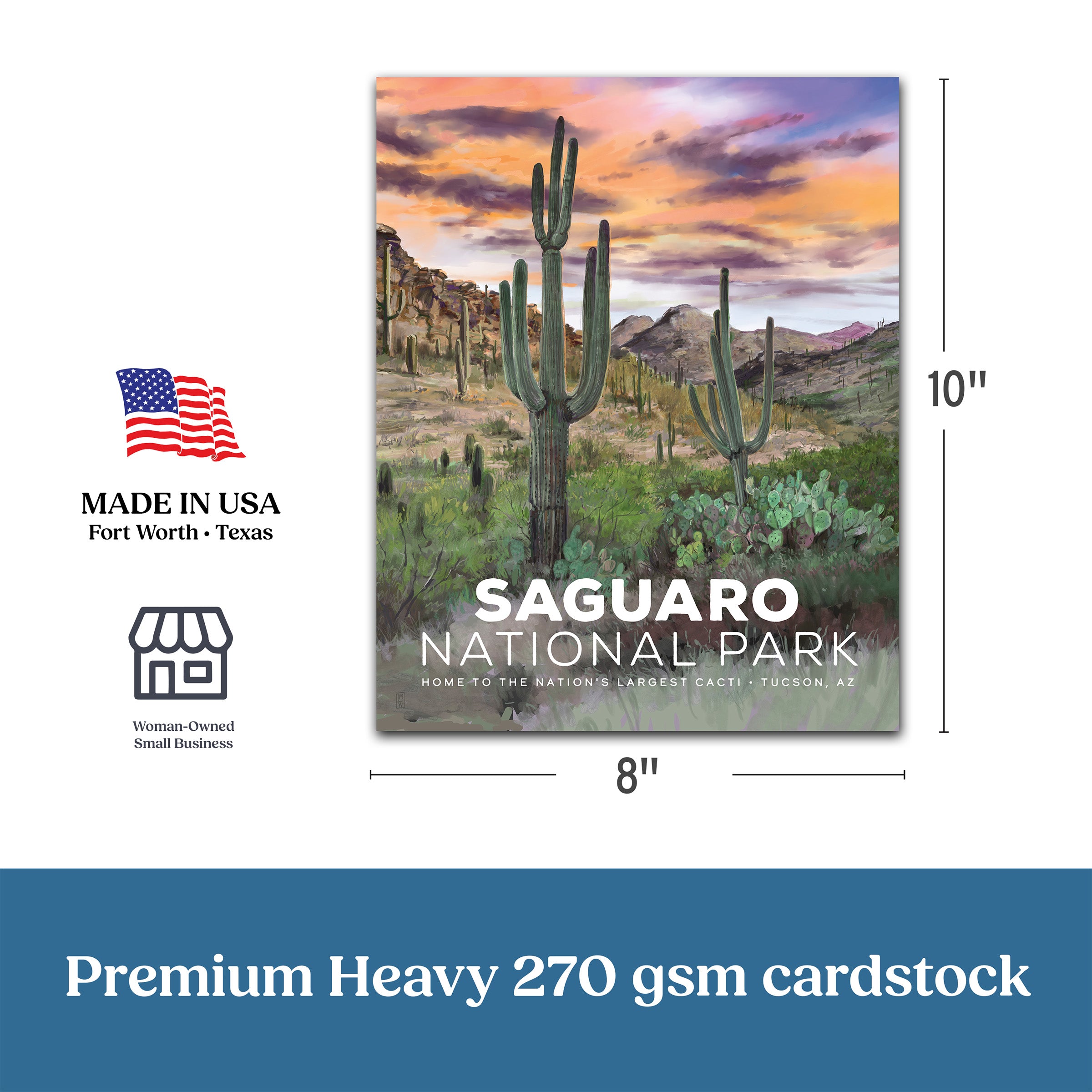 Saguaro National Park cardstock with cacti and desert landscape, dimensions, and 'Made in USA' label.