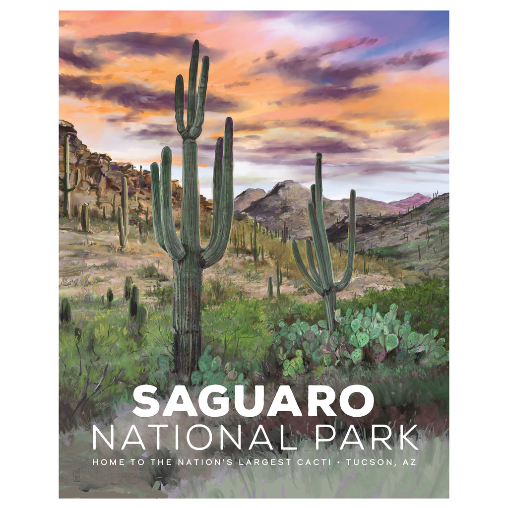 Saguaro National Park poster with cacti and desert landscape.