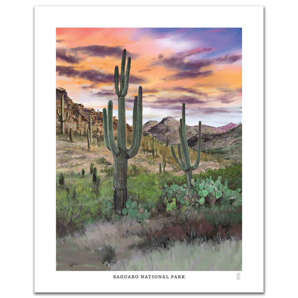 Desert landscape hand-signed Saguaro National Park poster with cacti and mountains at sunset.