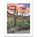 Desert landscape hand-signed Saguaro National Park poster with cacti and mountains at sunset.