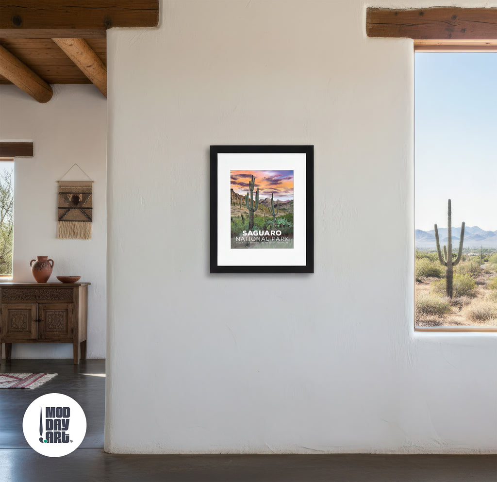 Framed Saguaro national park print desert landscape on a wall with 'Mod Day Art' logo