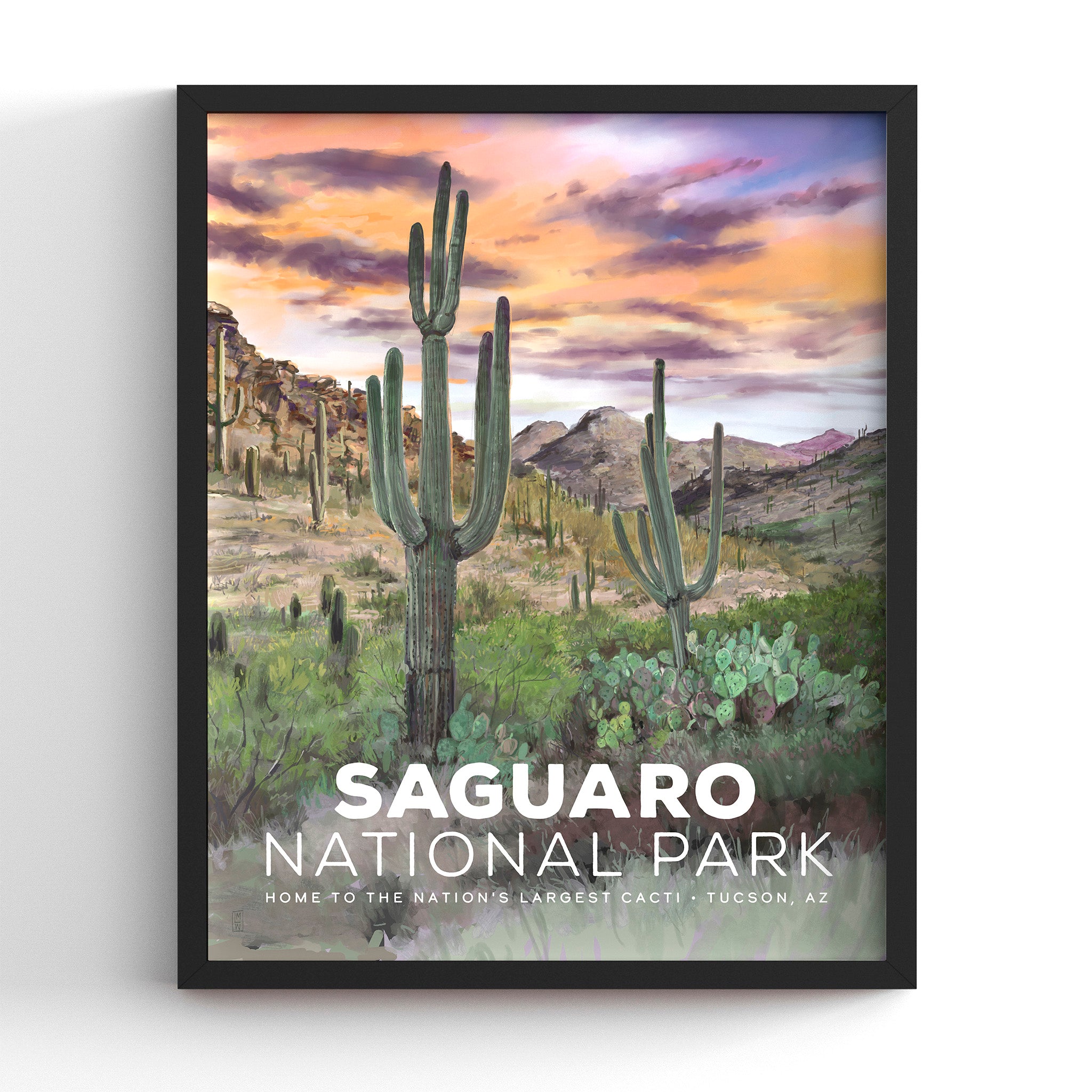 Saguaro National Park poster with cacti and desert landscape in a black frame, hand-illustrated vintage travel print, 8x10