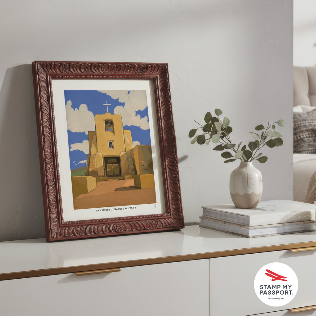 Framed Hand-signed travel Art Print of San Miguel Chapel in Santa Fe, New Mexico of a church on a shelf with decorative items