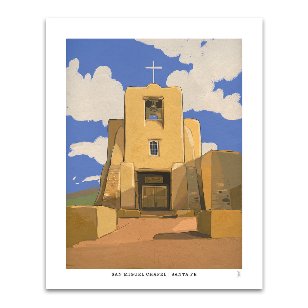 Hand-signed travel Art Print of San Miguel Chapel in Santa Fe, New Mexico with a blue sky and clouds.